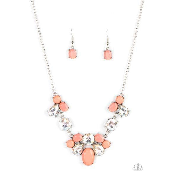 Paparazzi Ethereal Romance – Orange Necklace & Earrings Set  Varying in opacity and shape, mismatched Burnt Coral beads attach to oversized white rhinestones, creating bubbly frames that delicately link into an ethereal display below the collar. Features an adjustable clasp closure.