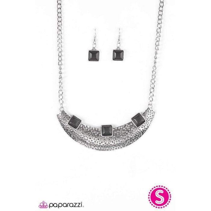 Paparazzi Fierce Fascination Square Black Stone Necklace & Earring Set