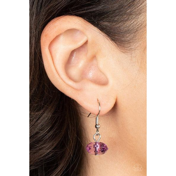 Paparazzi Happy-GLOW-Lucky Purple Necklace & Earrings Set  Separated by dainty silver beads, glassy Poinciana crystal-like beads gradually morph into opaque Poinciana crystal-like beads below the collar. The vibrant compilation grows in size and intensity further below the collar, adding dramatic dimension to the colorful centerpiece. Features an adjustable clasp closure.