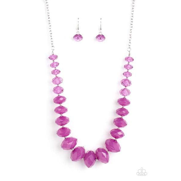 Paparazzi Happy-GLOW-Lucky Purple Necklace & Earrings Set  Separated by dainty silver beads, glassy Poinciana crystal-like beads gradually morph into opaque Poinciana crystal-like beads below the collar. The vibrant compilation grows in size and intensity further below the collar, adding dramatic dimension to the colorful centerpiece. Features an adjustable clasp closure.