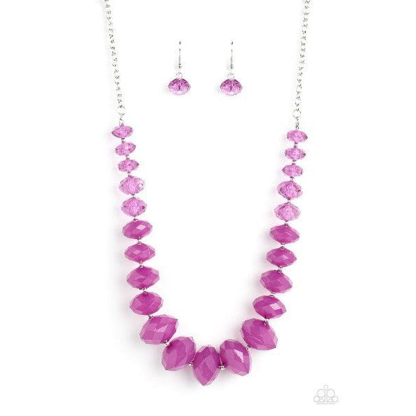 Paparazzi Happy-GLOW-Lucky Purple Necklace & Earrings Set  Separated by dainty silver beads, glassy Poinciana crystal-like beads gradually morph into opaque Poinciana crystal-like beads below the collar. The vibrant compilation grows in size and intensity further below the collar, adding dramatic dimension to the colorful centerpiece. Features an adjustable clasp closure.