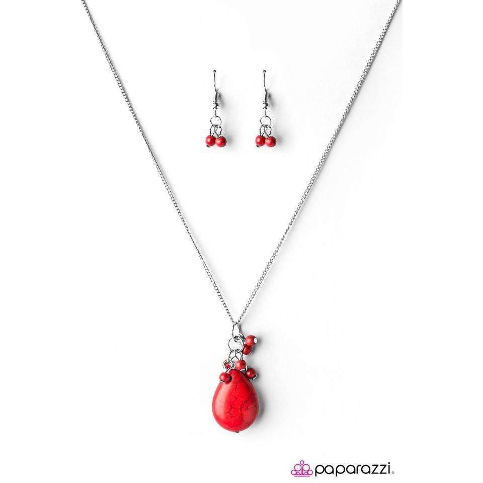 Paparazzi Here Comes The Rain Red Bead Long Necklace & Earring Set-Necklace-SPARKLE ARMAND