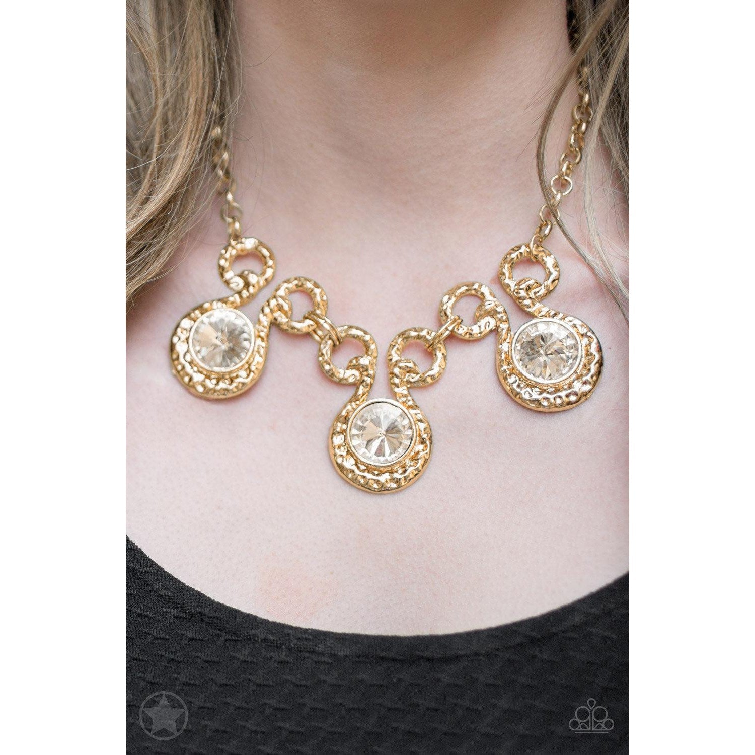 Paparazzi Hypnotized Gold Over-sized Rhinestones Necklace & Earring Set-Necklace-SPARKLE ARMAND