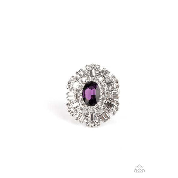 Paparazzi Iceberg Ahead – Purple Stretch Ring  A sparkly series of round and emerald-cut rhinestone petals flare out from a purple oval rhinestone center, creating a dramatically oversized centerpiece atop the finger. Features a stretchy band for a flexible fit.  Sold as one individual ring.