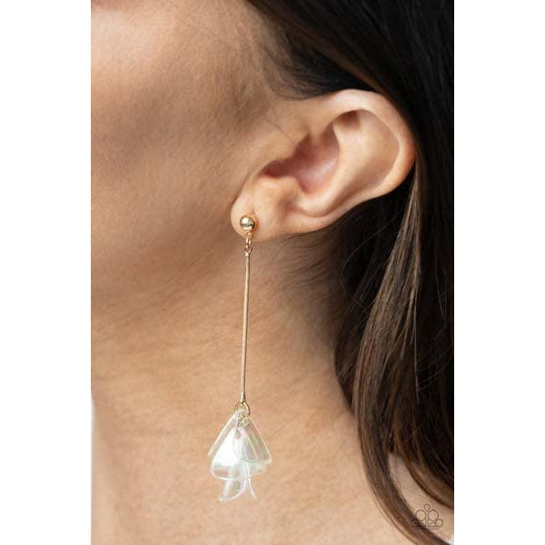 Paparazzi Keep Them In Suspense Gold Pierced Earrings  Iridescent acrylic petals delicately cluster at the bottom of a shiny gold chain, creating an ethereal tassel. Earring attaches to a standard post fitting.