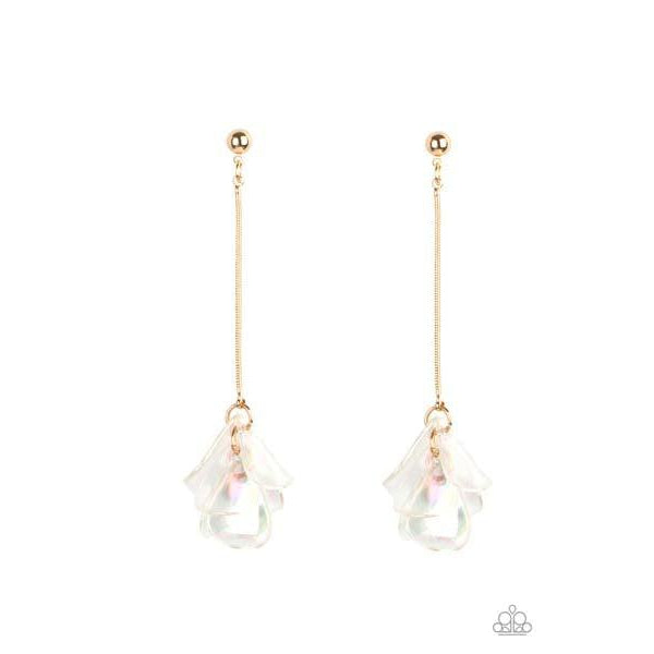 Paparazzi Keep Them In Suspense Gold Pierced Earrings  Iridescent acrylic petals delicately cluster at the bottom of a shiny gold chain, creating an ethereal tassel. Earring attaches to a standard post fitting.