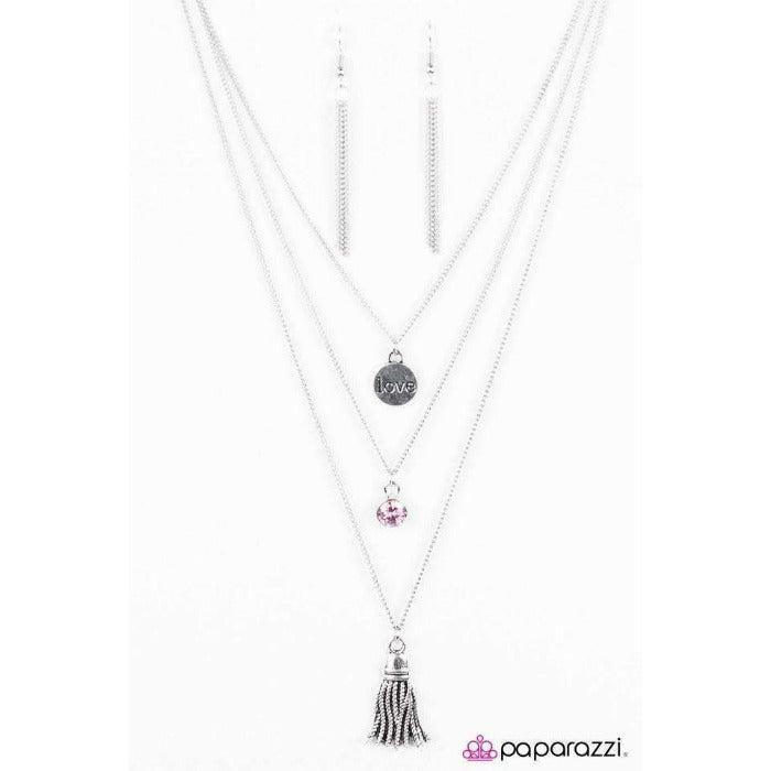 Paparazzi Love Song Engraved "love" Pink Gem Necklace & Earring Set