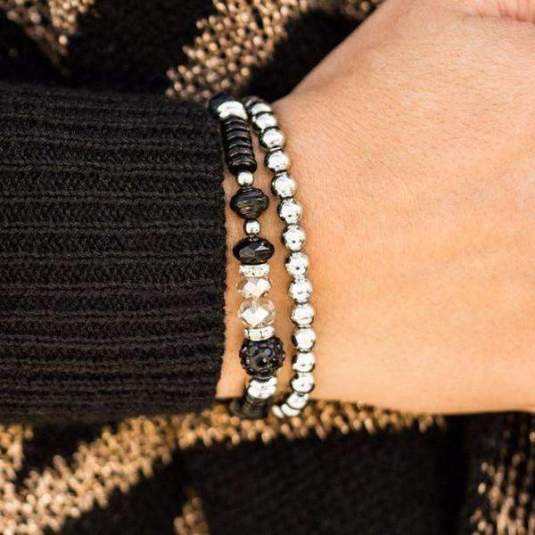 Paparazzi My Dance Card Is Full Silver & Black Bead 2 Piece Bracelet Set