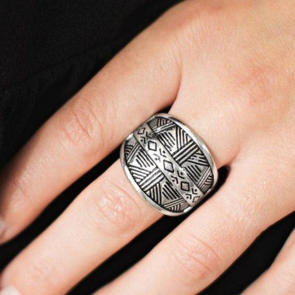 Paparazzi Night At The Museum Silver Geometric Tribal Stretch Ring
