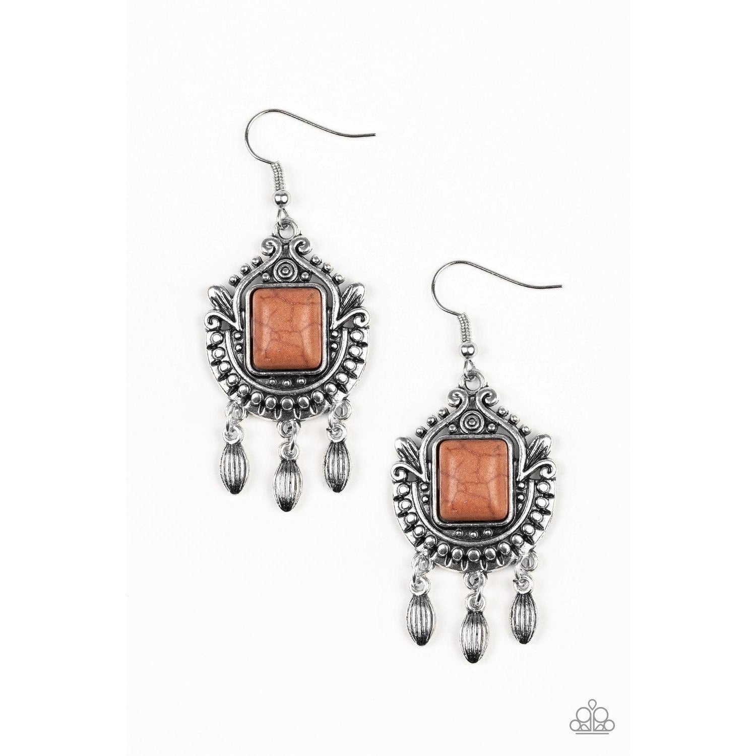 Paparazzi Open Pastures Brown Ornate Silver Earrings