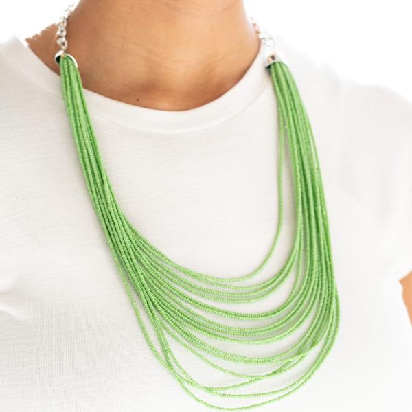 Paparazzi "Peacefully Pacific - Green" Layered Seed Beads Necklace & Earrings Set-Necklace-SPARKLE ARMAND