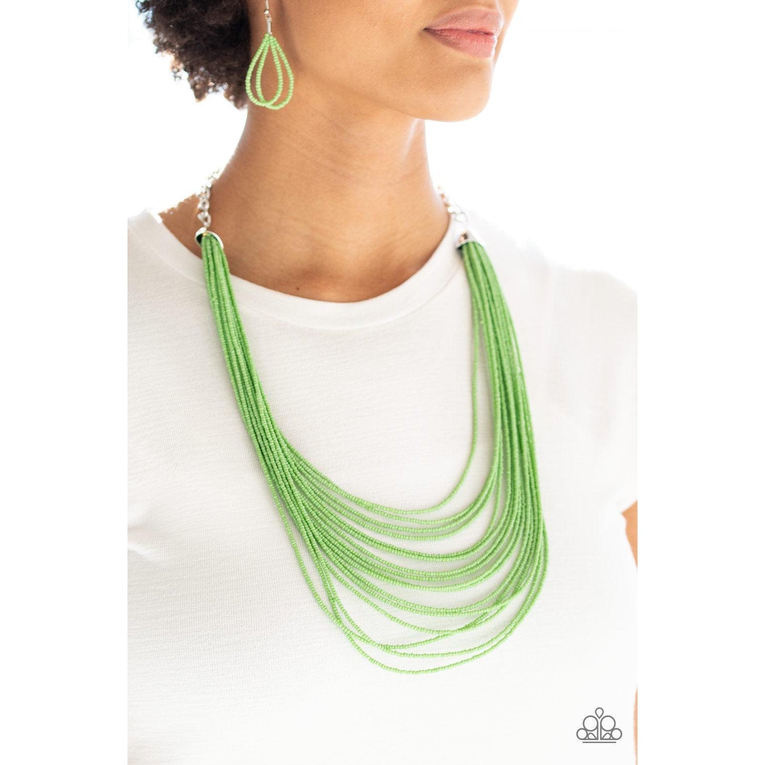 Paparazzi Peacefully Pacific Green Layered Seed Beads Necklace Earrings Set