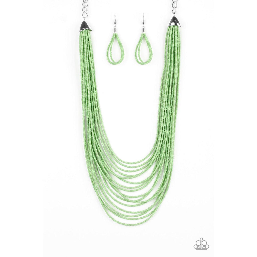 Paparazzi "Peacefully Pacific - Green" Layered Seed Beads Necklace & Earrings Set-Necklace-SPARKLE ARMAND