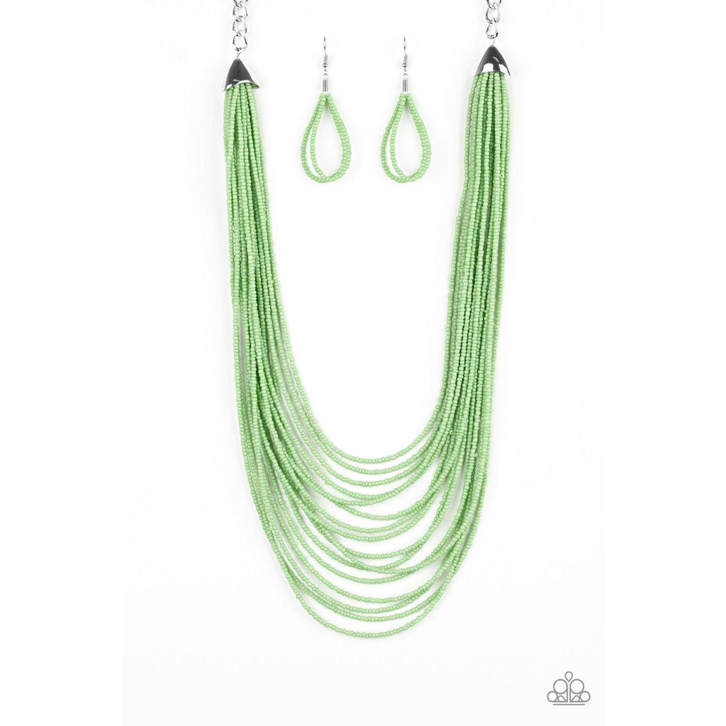 Paparazzi "Peacefully Pacific - Green" Layered Seed Beads Necklace & Earrings Set-Necklace-SPARKLE ARMAND