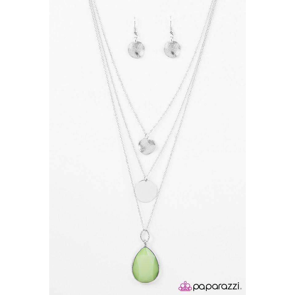 Paparazzi RAIN Supreme Faceted Green Teardrop Silver Necklace & Earring Set-Necklace-SPARKLE ARMAND
