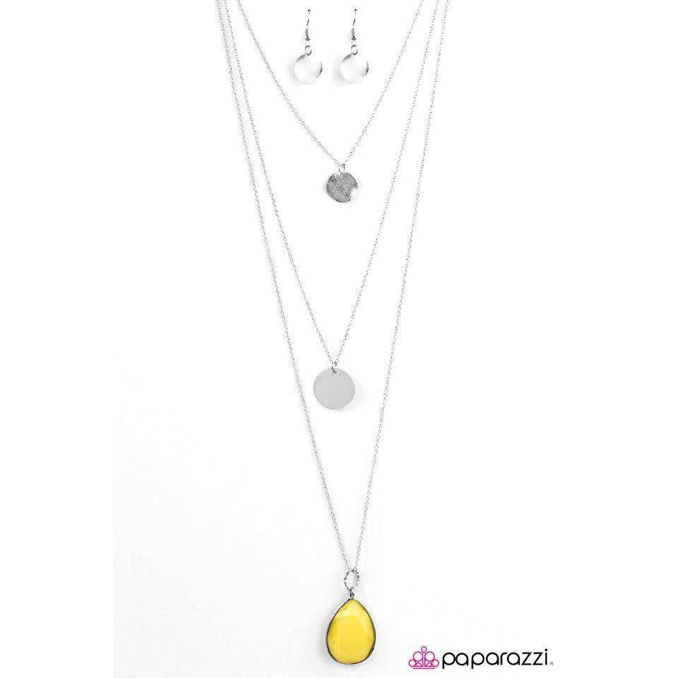 Paparazzi RAIN Supreme Faceted Yellow Teardrop Silver Necklace & Earring Set-Necklace-SPARKLE ARMAND