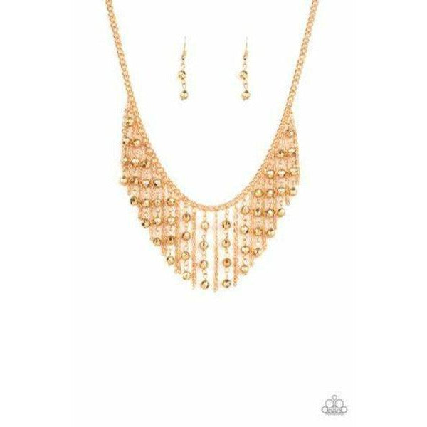Paparazzi Rebel Remix Gold Necklace & Earrings Set  Stands of faceted gold beads and glistening gold chains stream from a matching gold chain, creating an edgy fringe below the collar. Features an adjustable clasp closure.