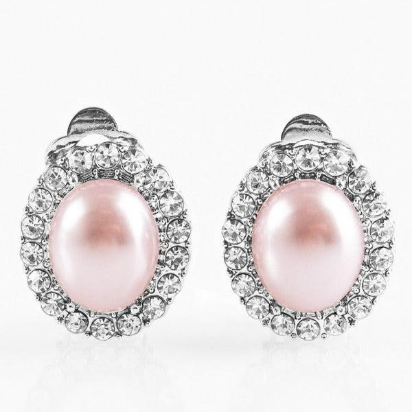Paparazzi Romantically Regal Pearly Pink Bead Rhinestone Clip-On Earrings