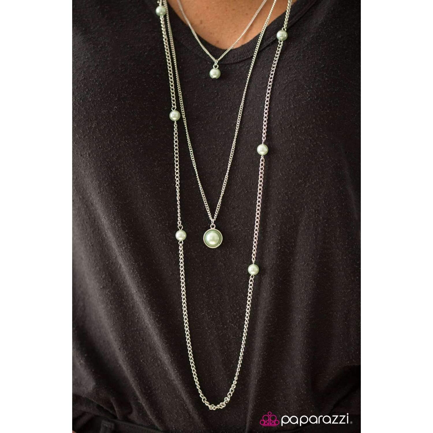 Paparazzi Runway Shine Green Faux Pearls Necklace & Earring Set-Necklace-SPARKLE ARMAND