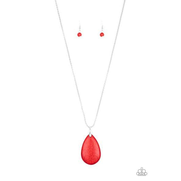 Paparazzi Sedona Sandstone - Red Necklace & Earrings Set   Pinched between a dainty silver fitting, an oversized red stone teardrop pendant swings from the bottom of a lengthened silver popcorn chain for a seasonal flair. Features an adjustable clasp closure.