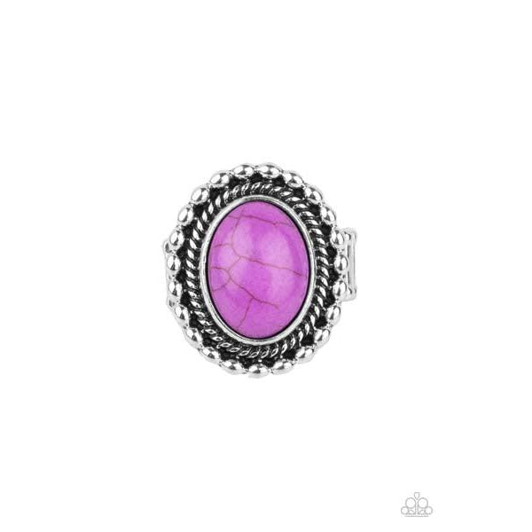 Paparazzi Sedona Soul - Purple Stretch Ring  An oversized oval purple stone is pressed into a textured silver frame bordered in shiny silver studs, creating a dramatic stone centerpiece atop the finger. Features a stretchy band for a flexible fit.