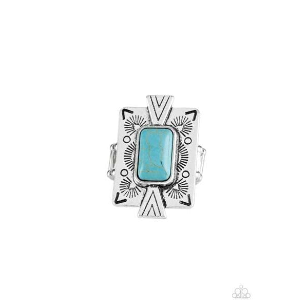 Paparazzi Stone Cold Couture - Blue Stretch Ring  Chiseled into a tranquil rectangle, a refreshing turquoise stone is pressed into a bold silver frame radiating with tribal-inspired patterns for a seasonal look. Features a stretchy band for a flexible fit.