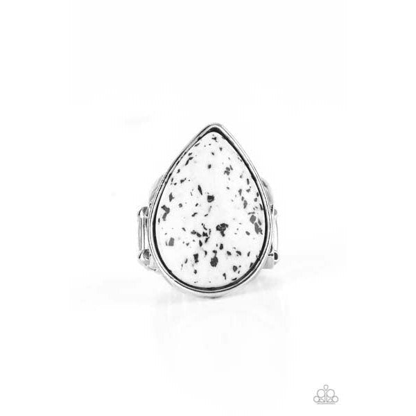 Paparazzi Stormy Sunrise - White Stretch Ring  A generous polished white stone infused with black flecks is encased in a simple silver teardrop frame resulting in a seasonal finish atop the finger. Features a stretchy band for a flexible fit.  Sold as one individual ring.