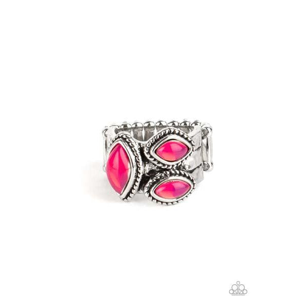 Paparazzi The Charisma Collector – Pink Stretch Ring  A trio of glassy Raspberry Sorbet marquise beads embellish the front of a hammered silver band etched in faux layers, creating an ethereal display atop the finger. Features a stretchy band for a flexible fit.  Sold as one individual ring.