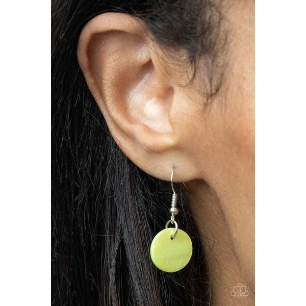 Paparazzi Tidal Tassels - Green Necklace & Earrings Set  Featuring cylindrical silver accents, iridescent green shell-like discs swing from the ends of knotted Ultimate Gray cords, creating a colorful tassel. Features an adjustable sliding knot closure.