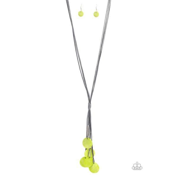 Paparazzi Tidal Tassels - Green Necklace & Earrings Set  Featuring cylindrical silver accents, iridescent green shell-like discs swing from the ends of knotted Ultimate Gray cords, creating a colorful tassel. Features an adjustable sliding knot closure.