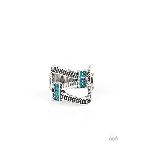 Paparazzi Urban Upscale - Blue Stretch Ring  Etched and dotted in mismatched textures, three shimmery silver bars wave across the finger. Encrusted in dainty blue rhinestones, glittery frames connect the swooping bands for a refined look. Features a stretchy band for a flexible fit.