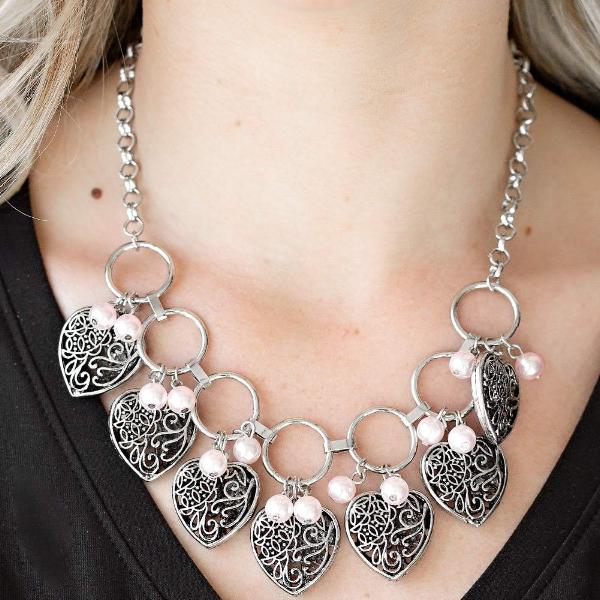 Paparazzi "Very Valentine" Pink Bead Vintage Heart Silver Necklace Earrings Set-Necklace-SPARKLE ARMAND
