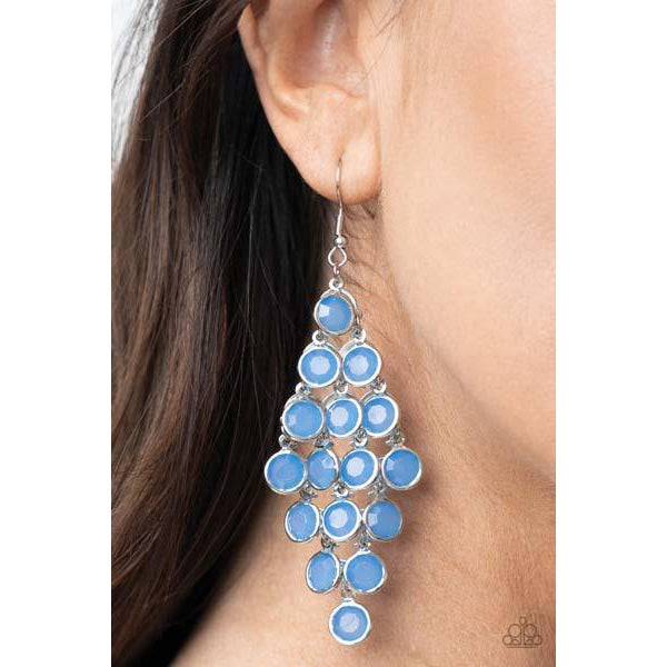 Paparazzi With All DEW Respect – Blue Pierced Earrings  Encased in sleek silver fittings, a crystal-like collection of opaque French Blue gems trickle from a silver netted backdrop, creating a dewy display. Earring attaches to a standard fishhook fitting.