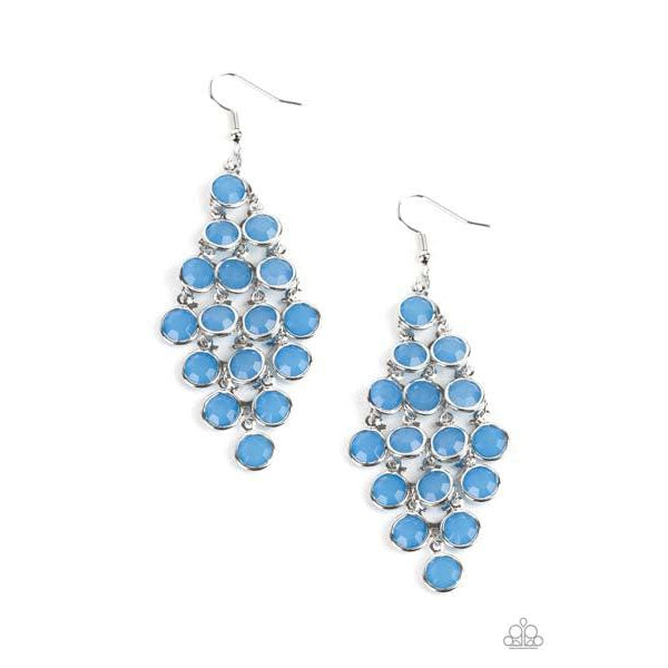 Paparazzi With All DEW Respect – Blue Pierced Earrings  Encased in sleek silver fittings, a crystal-like collection of opaque French Blue gems trickle from a silver netted backdrop, creating a dewy display. Earring attaches to a standard fishhook fitting.