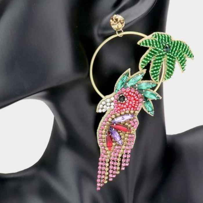 Parrot Open Metal Circle Palm Tree Dangle Earrings Sparkle Armand