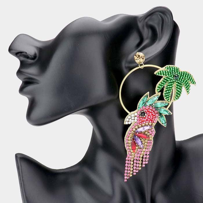 Parrot Open Metal Circle Palm Tree Dangle Earrings Sparkle Armand