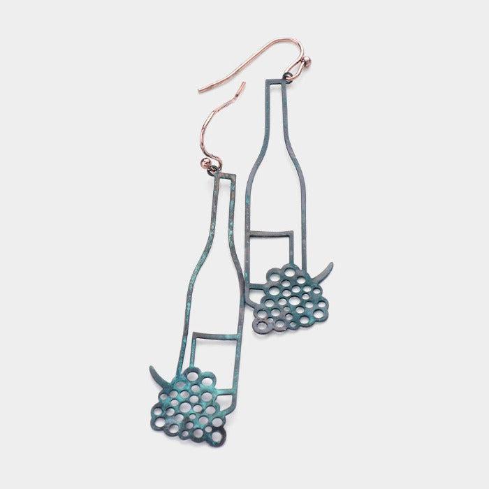 Patina Verdigris Grape Champagne Bottle Earrings-Earring-SPARKLE ARMAND