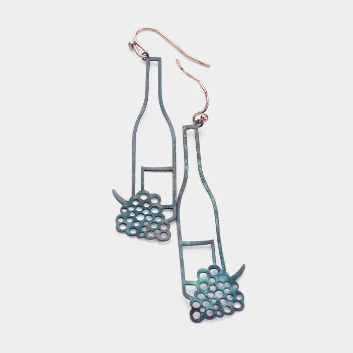 Patina Verdigris Grape Champagne Bottle Earrings-Earring-SPARKLE ARMAND