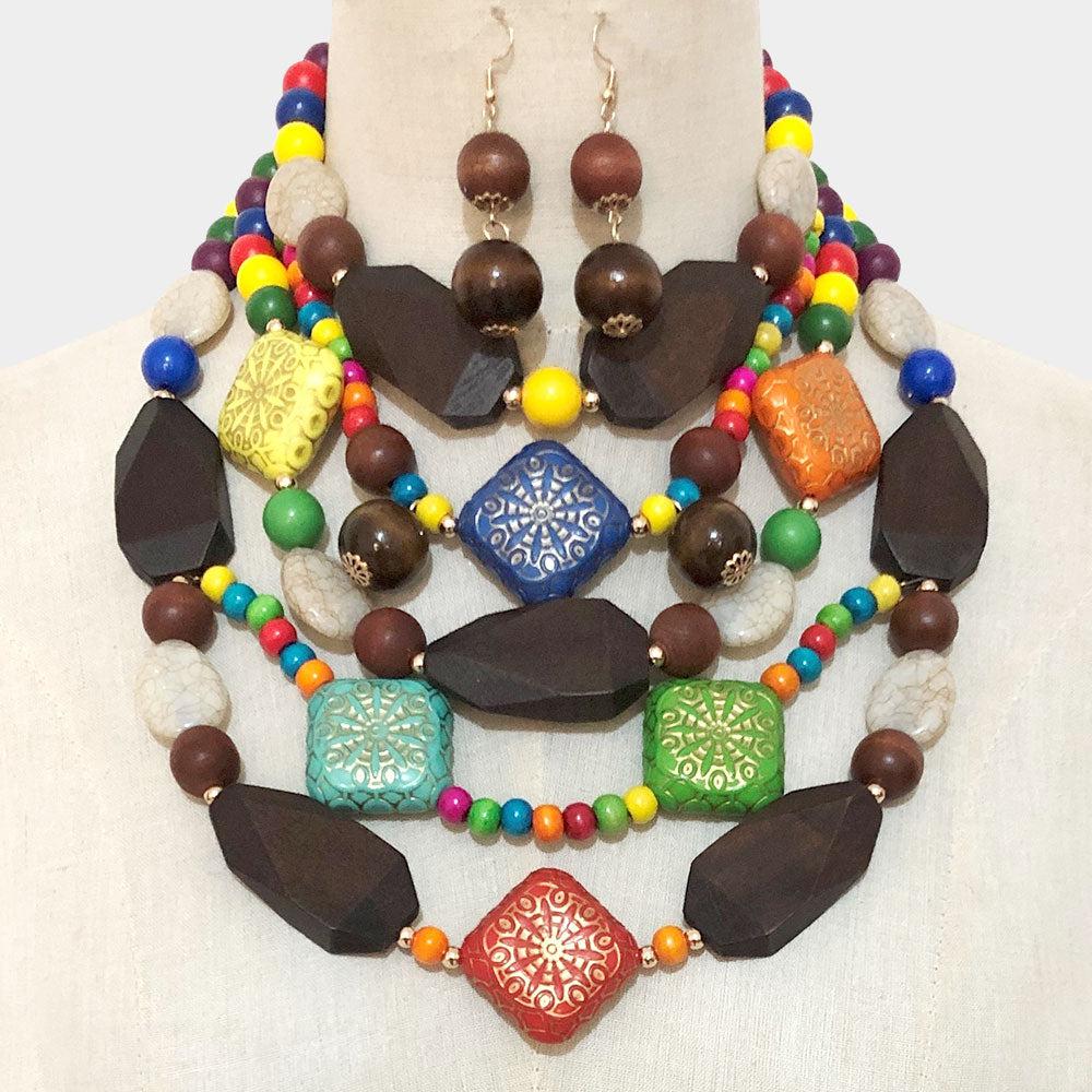 Patterned Colorful Wood Accented Bib Necklace Set