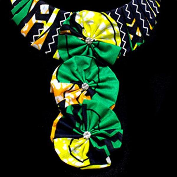 Patterned Fabric Green Triple Flower Necklace-Necklace-SPARKLE ARMAND