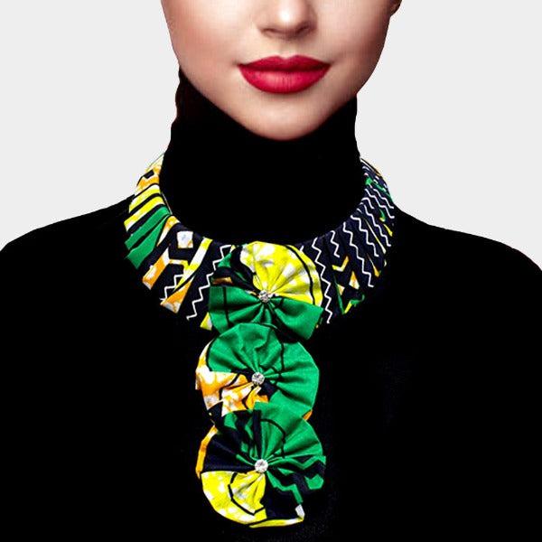 Patterned Fabric Green Triple Flower Necklace-Necklace-SPARKLE ARMAND