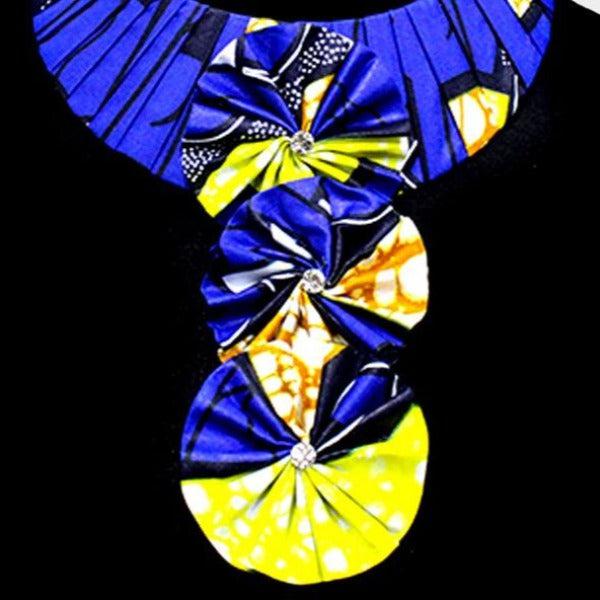 Patterned Fabric Blue Triple Flower Necklace-Necklace-SPARKLE ARMAND