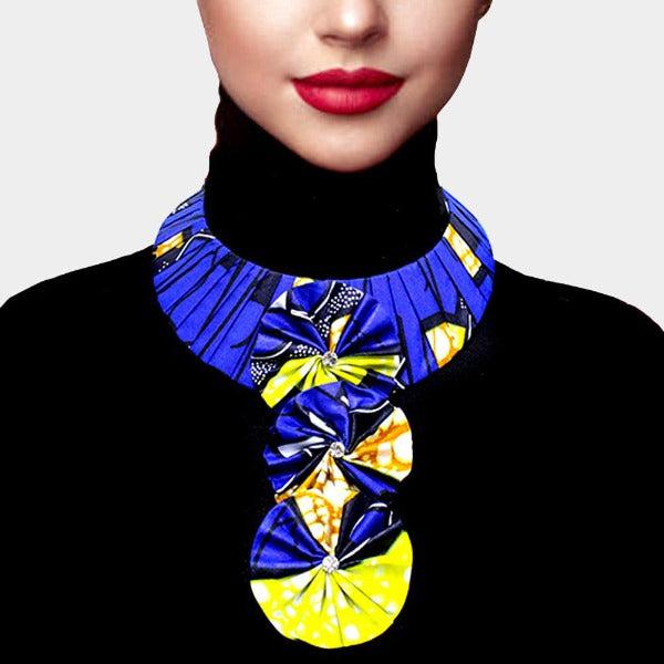 Patterned Fabric Blue Triple Flower Necklace-Necklace-SPARKLE ARMAND