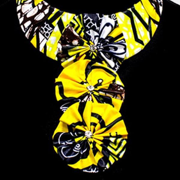 Patterned Fabric Yellow Triple Flower Necklace-Necklace-SPARKLE ARMAND