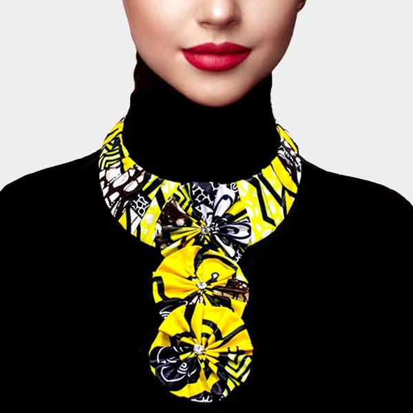 Patterned Fabric Yellow Triple Flower Necklace-Necklace-SPARKLE ARMAND