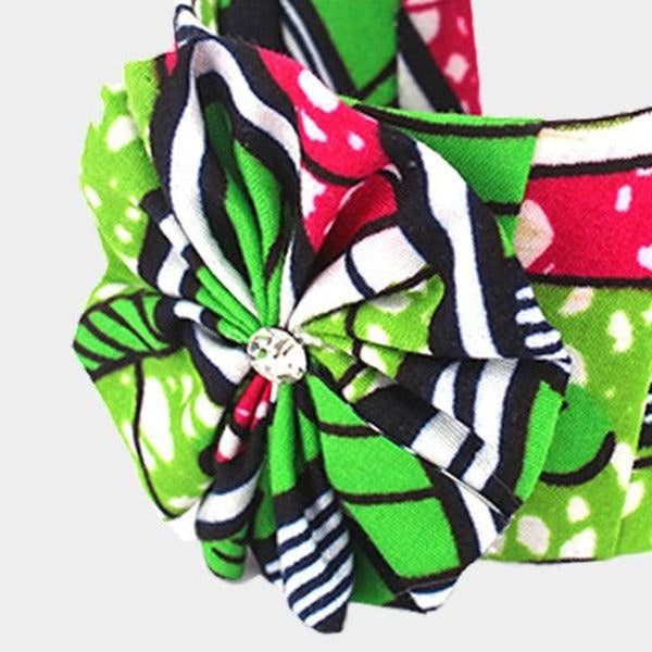 Patterned Green Fabric Flower Accented Cuff Bracelet