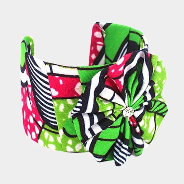 Patterned Green Fabric Flower Accented Cuff Bracelet