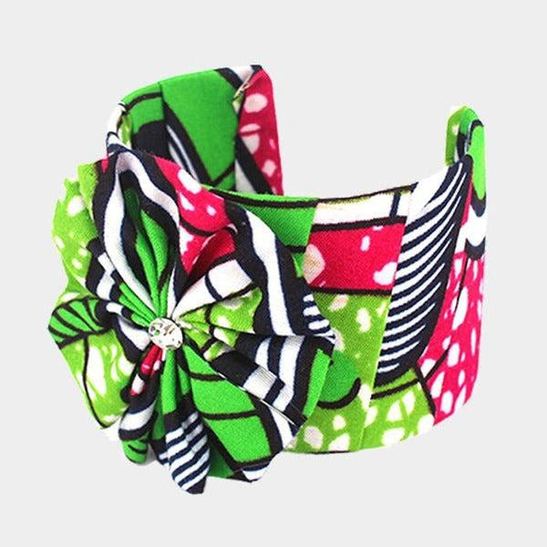 Patterned Green Fabric Flower Accented Cuff Bracelet