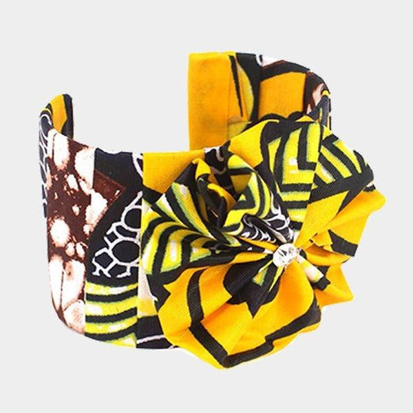 Patterned Yellow Fabric Flower Accented Cuff Bracelet