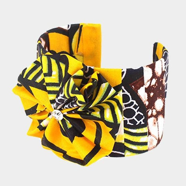 Patterned Yellow Fabric Flower Accented Cuff Bracelet